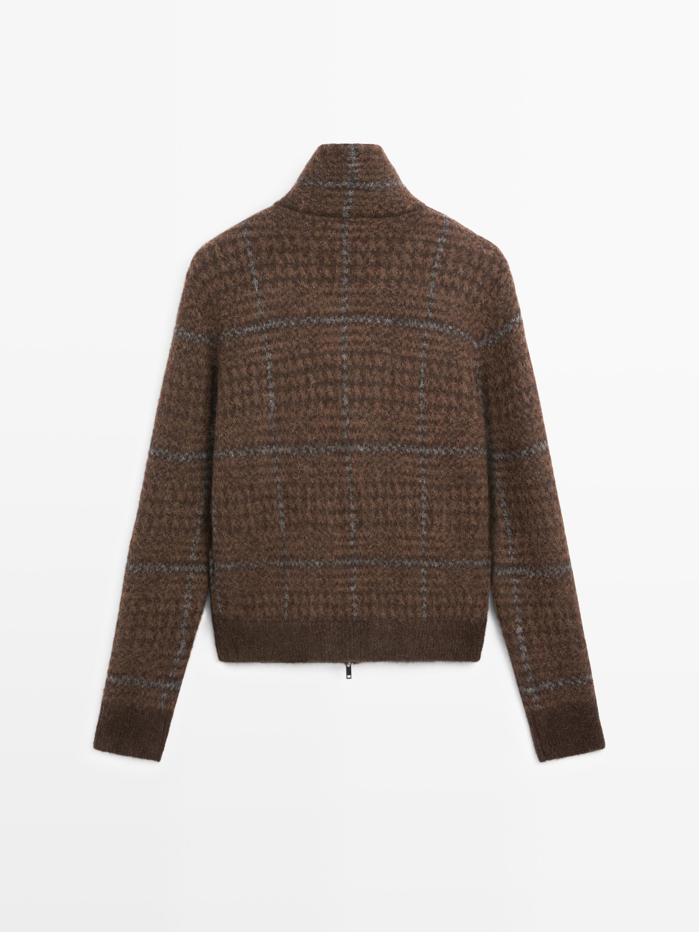 Check knit alpaca and felt texture cardigan